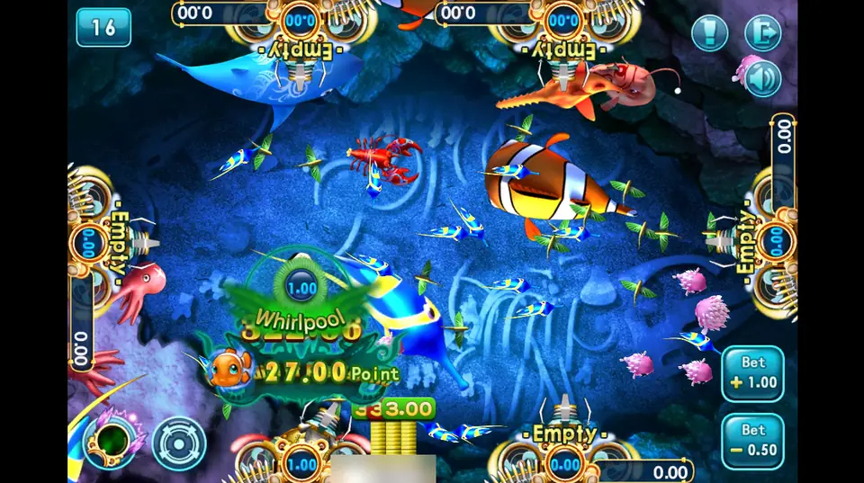 Hai Wang Bu Yu Tian Di on 3Win8: clownfish, a lobster and a sawfish in a blue cave, with a Whirlpool catch worth 27.00 points