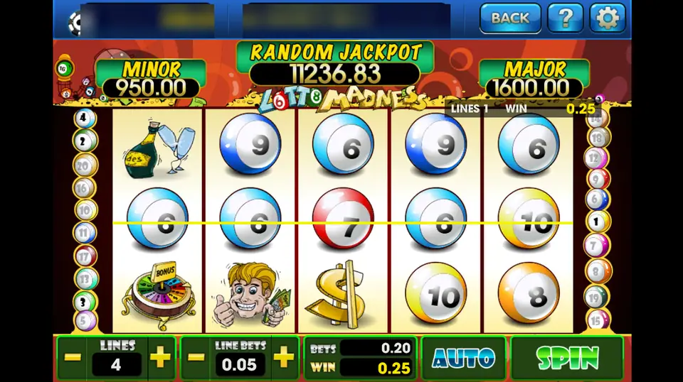 Lotto Madness on 3Win8: two blue 6 balls on line 1 pay 0.25 at 4 lines of 0.05