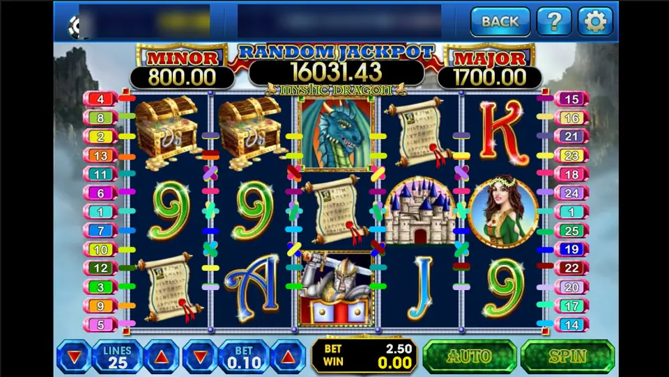 Mystic Dragon on 3Win8: treasure chests, scrolls, a castle and a blue dragon on 25 lines under a Random Jackpot of 16,031.43