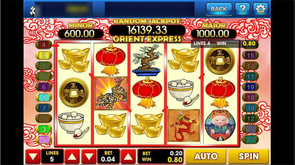 Orient Express on 3Win8: a tiger wild on reel 2 completes a gold ingot line for 0.80 at 5 lines of 0.04