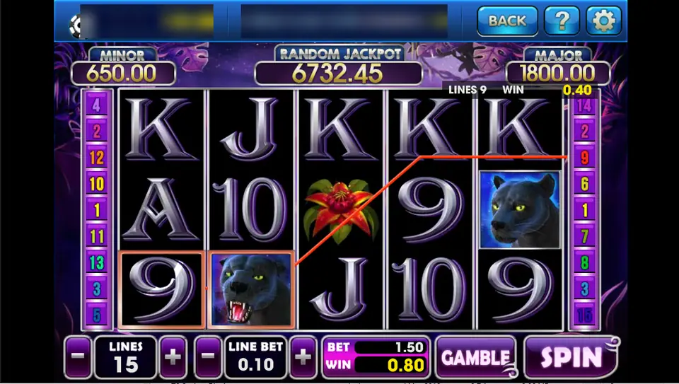 Panther Moon on 3Win8: two panther wilds help a line of nines, for a total win of 0.80 at 1.50 a spin
