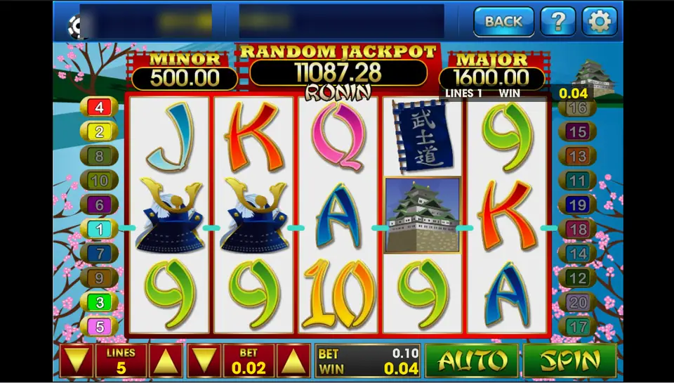 Ronin on 3Win8: two samurai helmets on line 1 pay 0.04 at 5 lines of 0.02