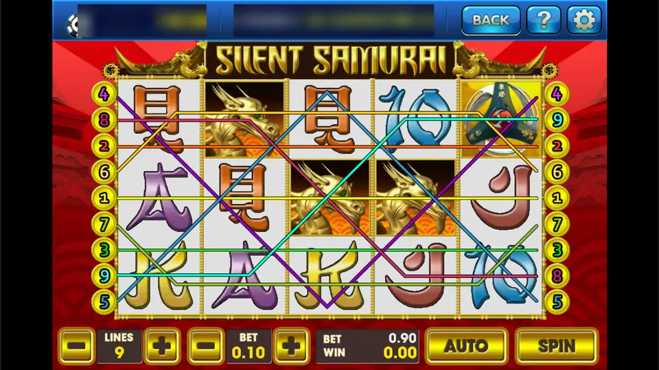 Silent Samurai on 3Win8: golden dragon wilds stacked on the middle reels, 9 lines at 0.10