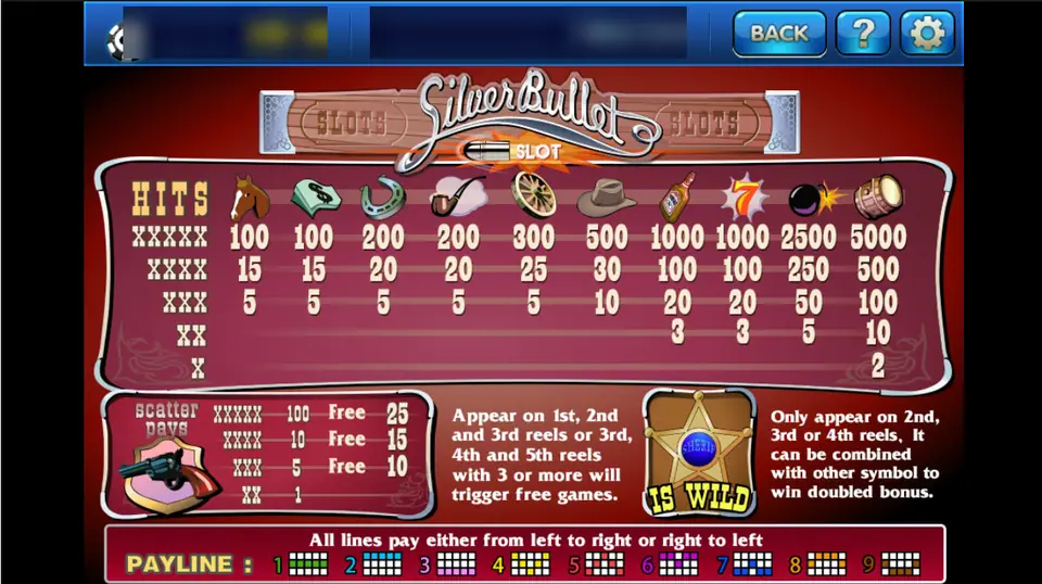 Silver Bullet pay table on 3Win8: barrel 5000, bomb 2500, lucky 7 and whiskey 1000, with a revolver scatter and sheriff star wild