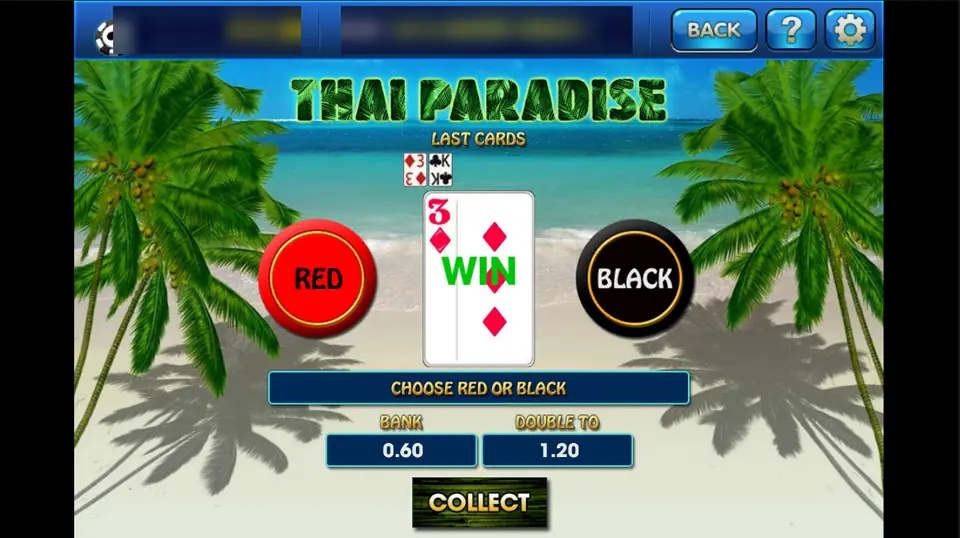 Thai Paradise gamble screen on 3Win8: a 3 of diamonds wins on Red, so a bank of 0.60 doubles to 1.20