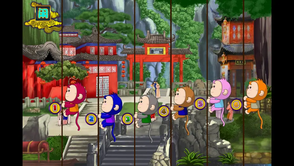Thunderbolt on 3Win8: six numbered monkeys climb poles in front of a red temple gate