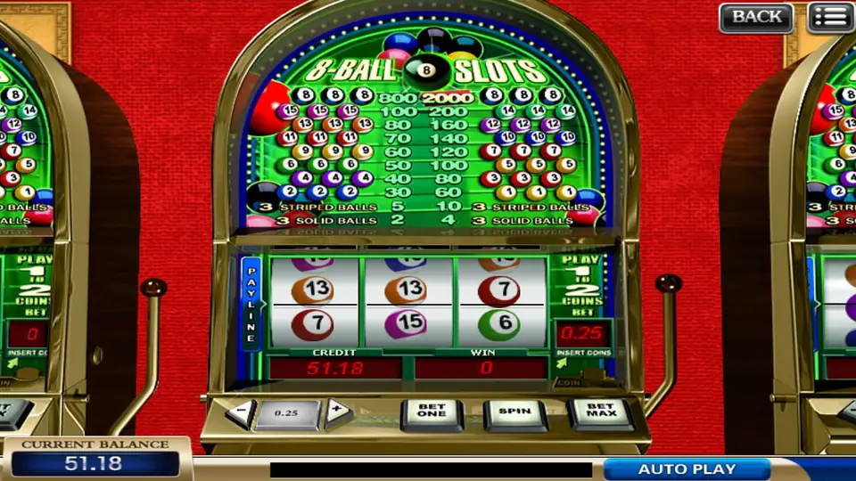 8 Ball Slot on 918Kiss: three reels of pool balls under a pay table where three 8 balls pay 800 or 2000, coin 0.25