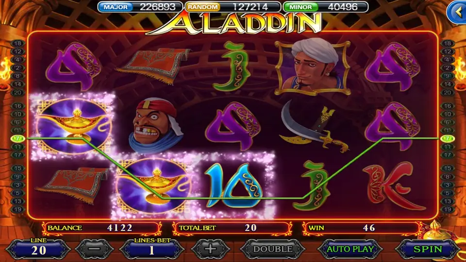 Aladdin on 918Kiss: magic lamps on a winning line with a bandit, a carpet and a sword, 20 lines at a line bet of 1