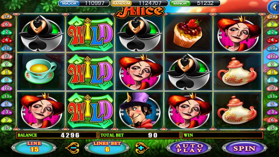 Alice on 918Kiss: WILD stacked on reel 2 beside the Queen of Hearts, the Mad Hatter, a teapot and a cupcake, total bet 90