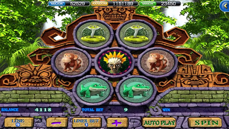 Amazon on 918Kiss: seven round slots on a jungle temple with cobras, monkeys, crocodiles and a feathered mask in the centre, 9 lines