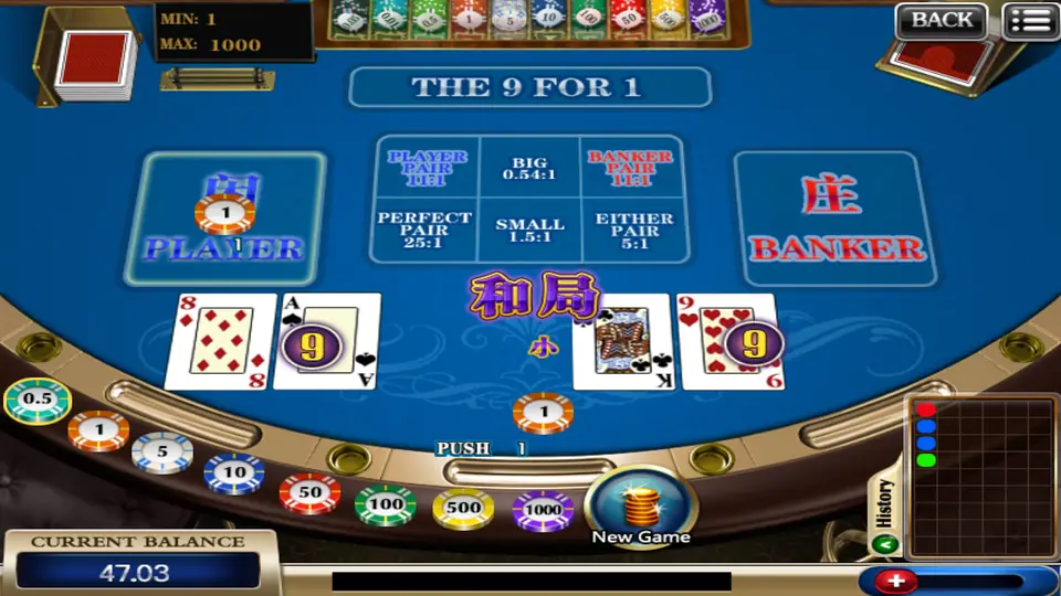 Baccarat on 918Kiss: Player and Banker both on 9, a tie with the Player bet of 1 pushed, side bets for pairs, Big and Small