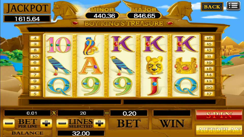 Boy King's Treasure on 918Kiss: falcons, a cobra, a lioness mask and a gold cuff, 0.01 times 20 lines for a 0.20 bet