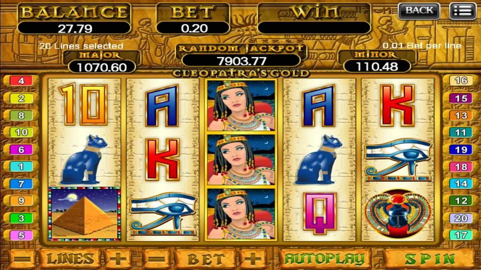 Cleopatra's Gold on 918Kiss: Cleopatra stacked on reel 3 with cat statues, an Eye of Horus, a scarab and a pyramid, 20 lines at 0.01