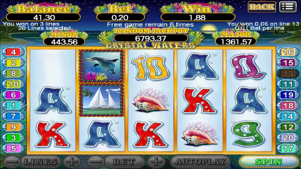 Crystal Waters free games on 918Kiss at night, a dolphin and a yacht tile on reel 2, 6 free games left