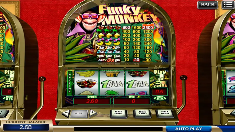 Funky Monkey pay table on 918Kiss: three bongo drums pay 800, 1600 or 2500, palm trees 400 to 1200, any three bars 10 to 30