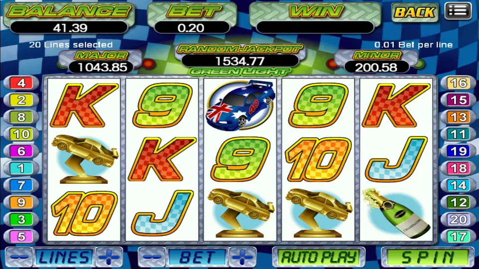 Green Light on 918Kiss: gold car trophies, a race car and a champagne bottle on chequered card ranks, 20 lines at 0.01