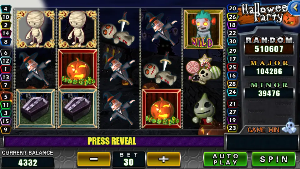 Halloween Party on 918Kiss: two mummies, zombie WILD, Free Spin pumpkins and coffins, 30 lines at a bet of 30