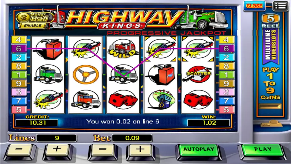 Highway Kings on 918Kiss: a WILD truck and spark plugs on line 6, 9 lines at a bet of 0.09