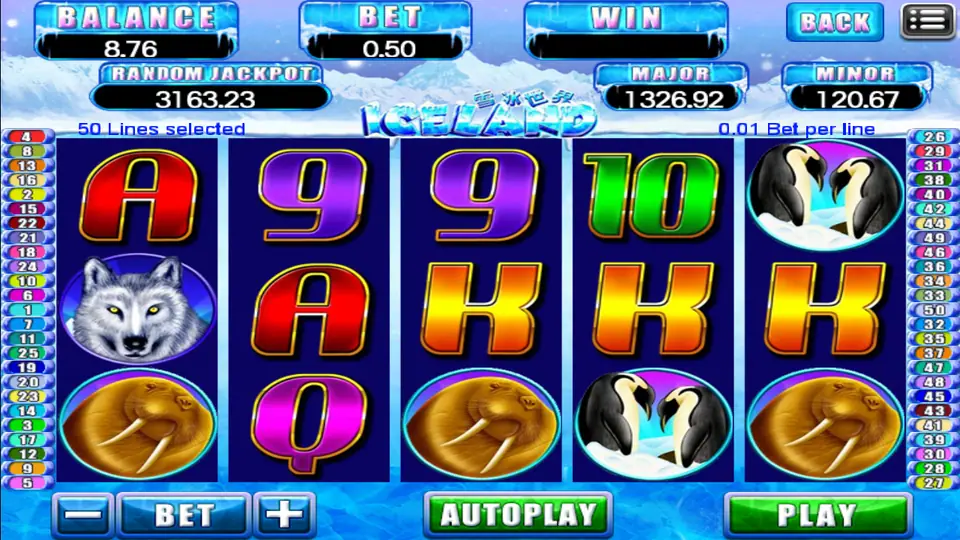 Iceland on 918Kiss: a wolf, walruses and penguins with card ranks, 50 lines at 0.01, Random Jackpot 3,163.23