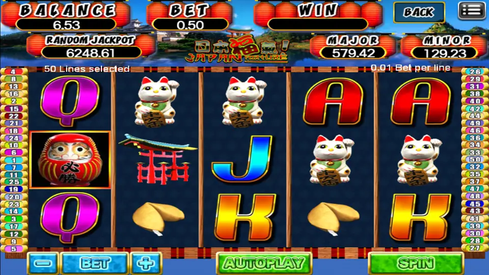 Japan Fortune on 918Kiss: lucky cats, a daruma doll, a torii gate and fortune cookies, 50 lines at 0.01 a line