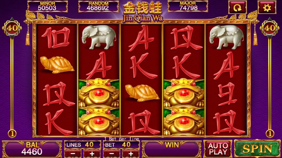 Jin Qian Wa on 918Kiss: gold money toads stacked on reels 2 and 4 with white elephants and a gold turtle, 40 lines at 1 per line