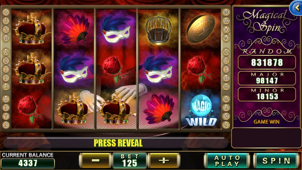 Magical Spin on 918Kiss: crowns, masks, a feathered fan and a MAGIC WILD crystal ball, bet 125