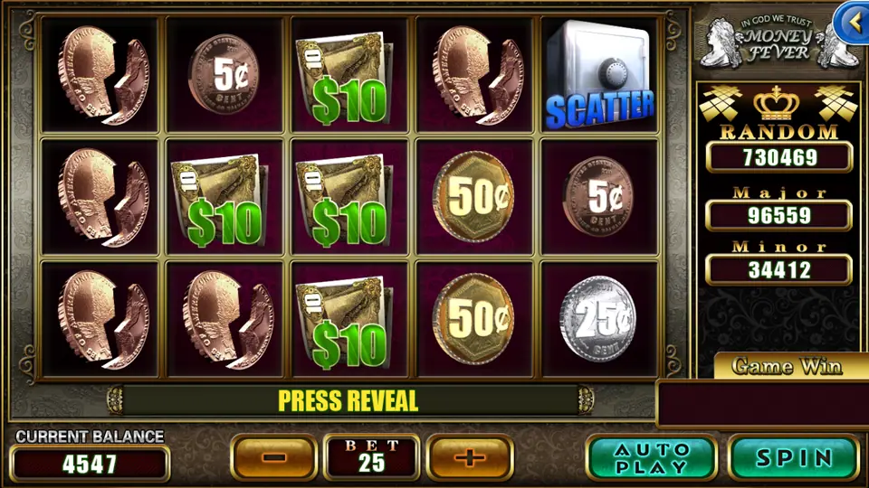 Money Fever on 918Kiss: split pennies, cent coins, $10 notes and a SCATTER safe on reel 5, bet 25