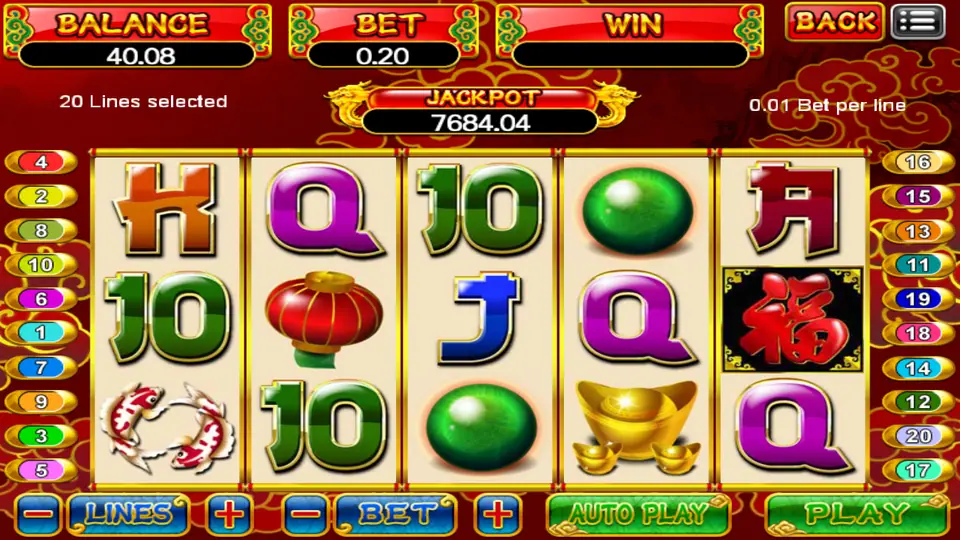 Dragon Gold on 918Kiss: a lantern, jade ball, gold ingot, koi and a 福 tile on red reels, 20 lines at 0.01, Jackpot 7,684.04