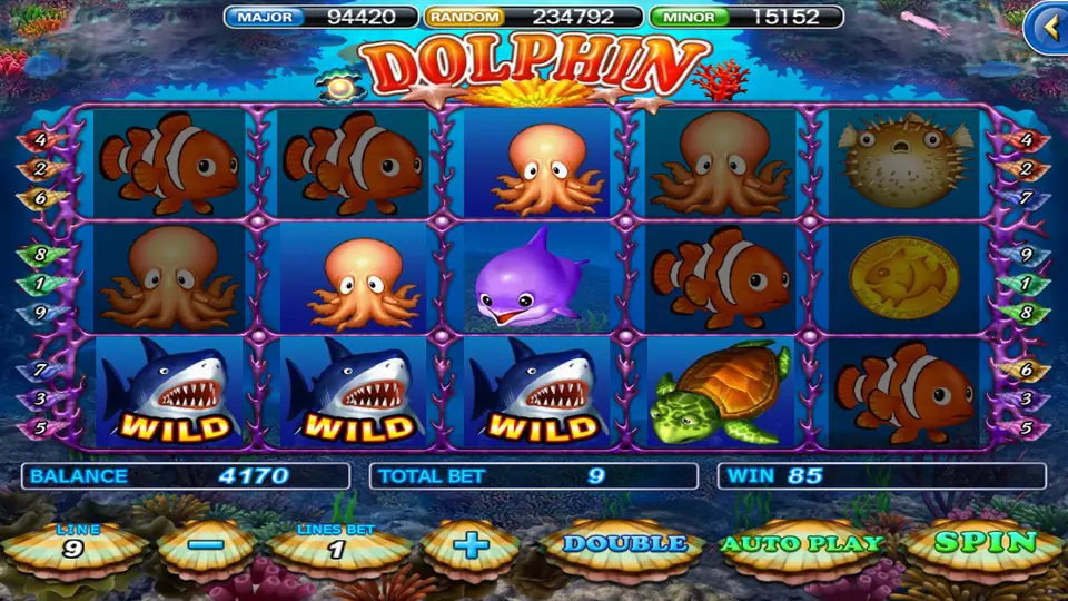 Dolphin on 918Kiss: three WILD sharks on the bottom row with octopuses and clownfish, 9 lines, win 85