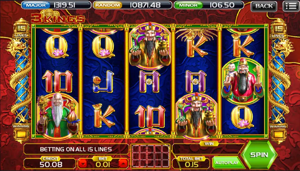3 Kings on ACE333: the star god of long life with a peach on reel 1, 15 lines at 0.01 for a total bet of 0.15