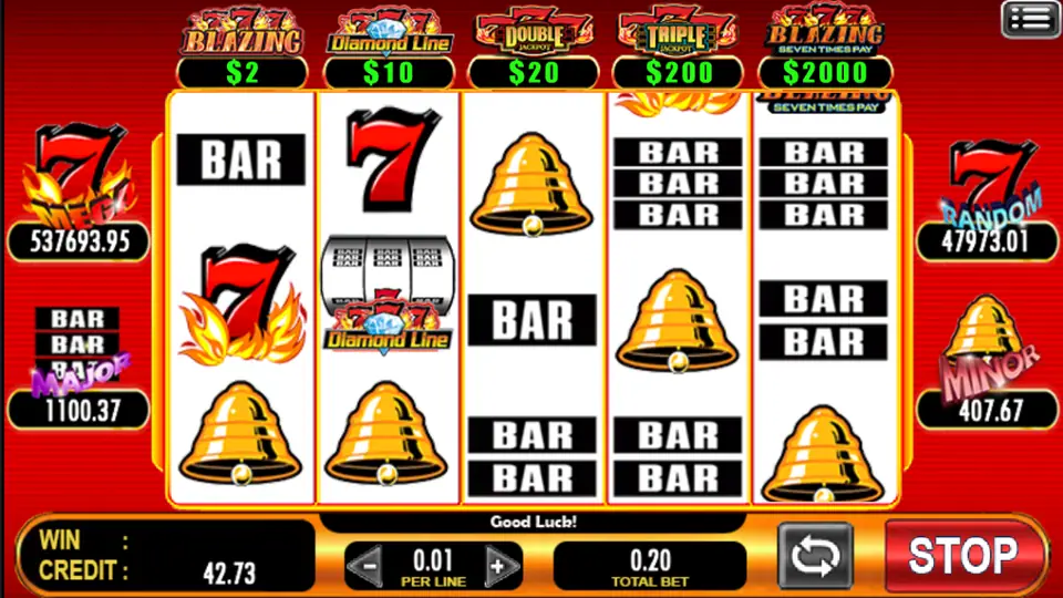 777 Blazing on ACE333: bells, bars and a flaming 7 on white reels, pay logos from 2 to 2000, 0.01 per line for a 0.20 total bet