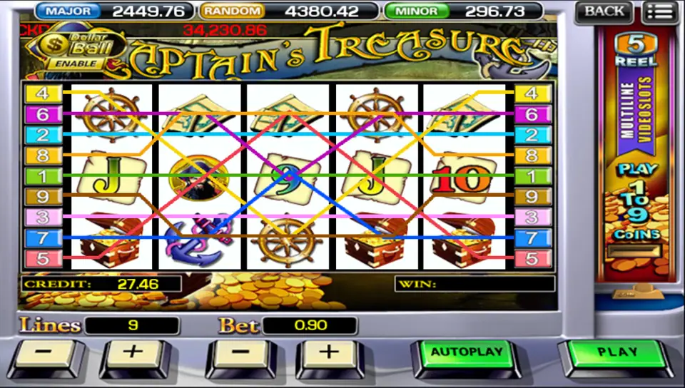 Captain's Treasure on ACE333: all 9 paylines drawn over ship's wheels, treasure chests and an anchor, bet 0.90, Dollar Ball button