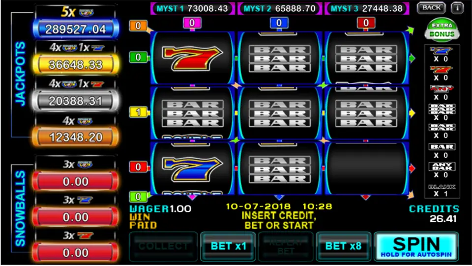 Classic High Slot on ACE333: nine single reels of bars and 7s, Jackpots and Snowballs columns, Myst meters on top, wager 1.00