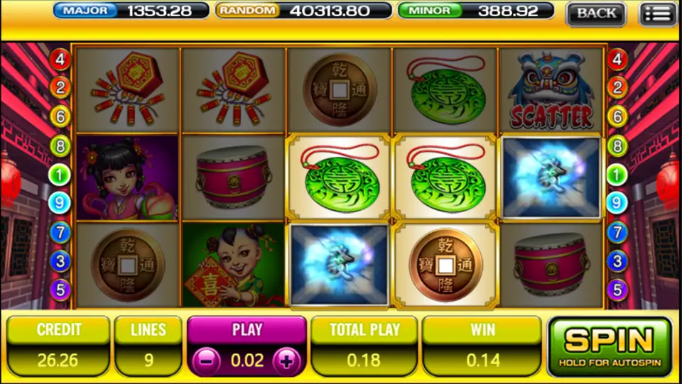 God of Wealth on ACE333: firecrackers, jade pendants, bronze coins and a lion dance SCATTER, 9 lines at 0.02, win 0.14