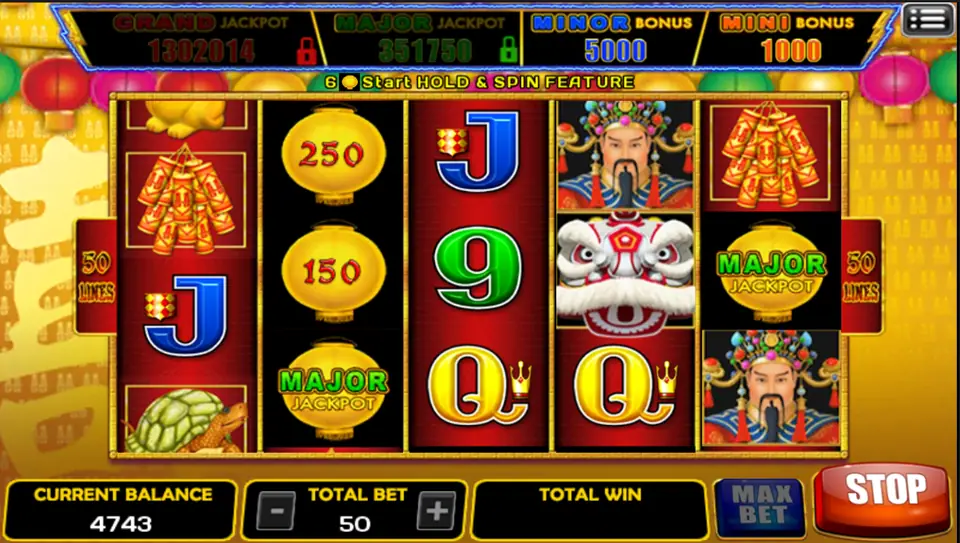 Happy Lantern on ACE333: gold lanterns worth 250 and 150 and two Major Jackpot lanterns, 50 lines at a total bet of 50
