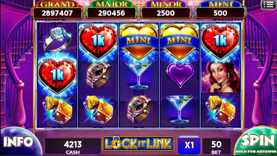 Lock It Link on ACE333: red hearts worth 1K and two gold Mini hearts, Grand and Major meters, bet 50