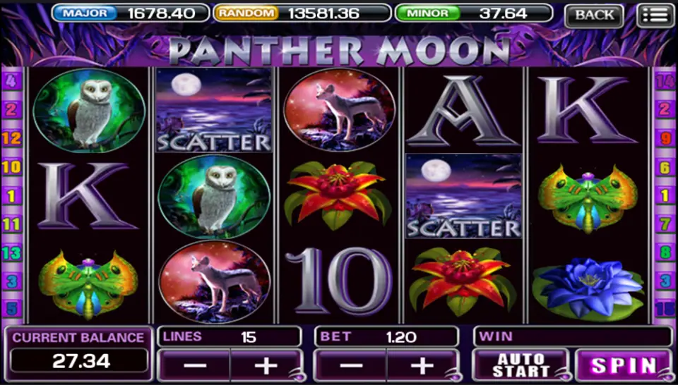 Panther Moon on ACE333: two moonlit lake SCATTER tiles, owls, a wolf and a red flower, 15 lines at a bet of 1.20