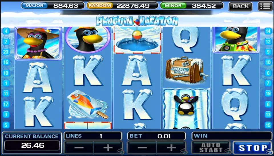 Penguin Vacation on ACE333: penguins in a sun hat and a Hawaiian shirt, an Antarctic Tours suitcase and an ice chute, one line at 0.01