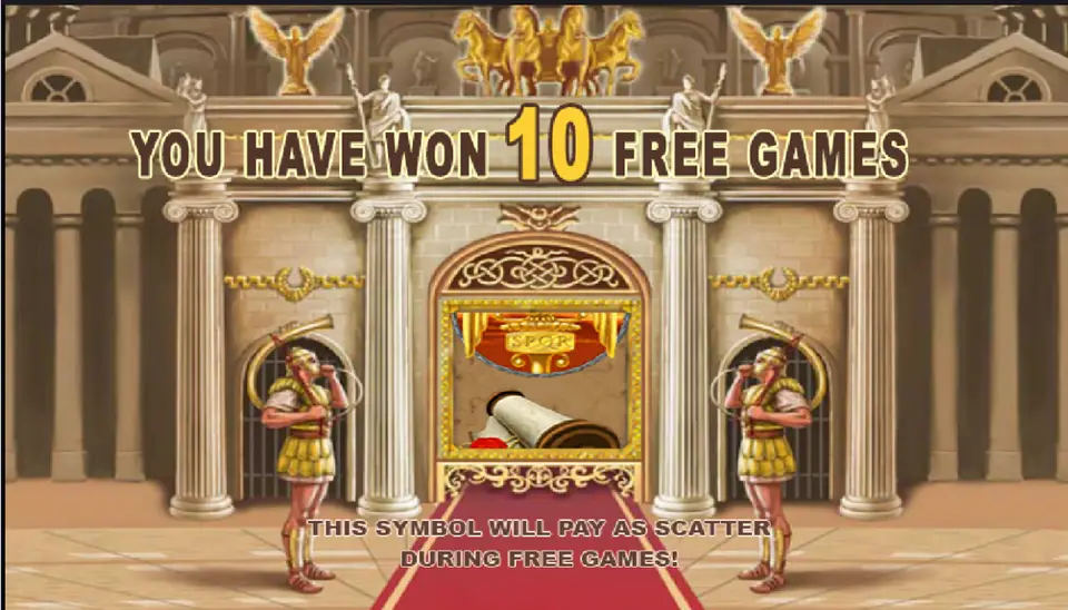 Rome and Glory on ACE333: the screen announcing 10 free games, with the scroll picked to pay as a scatter