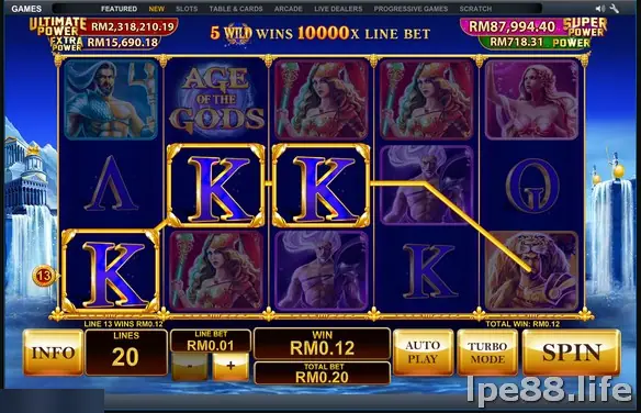 Age of the Gods on LPE88: the lobby bar with Featured, New, Slots, Table & Cards, Arcade, Live Dealers, 20 lines at RM0.01 and four jackpot meters