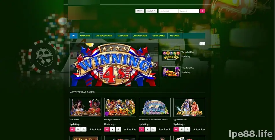 The LPE88 web version: tabs for New Games, Live Dealer Games, Slot Games, Jackpot Games, Other Games and All Games, a MYR currency switch and a Most Popular Games row