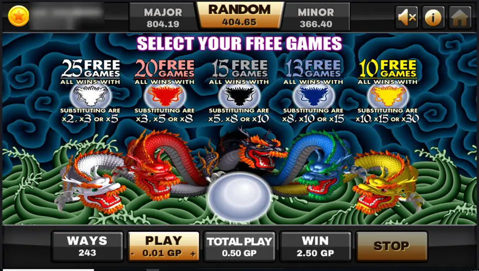 5 Dragons on Joker123: the Select Your Free Games screen offering 25, 20, 15, 13 or 10 free games above five coloured dragons, player ID and balance blurred