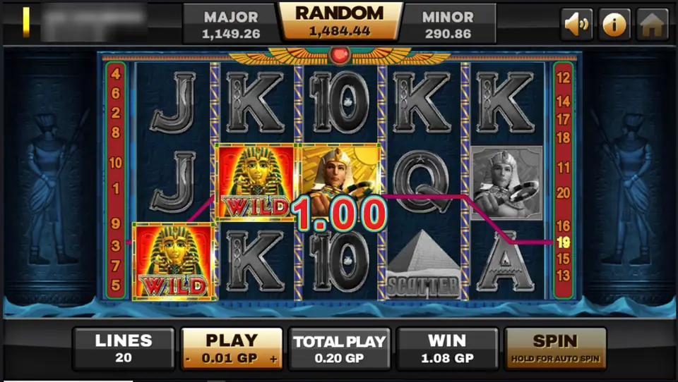 Ancient Egypt on Joker123 with two pharaoh mask wilds, a pharaoh portrait and a pyramid scatter, 20 lines at 0.01 GP and a 1.00 line win, player ID and balance blurred