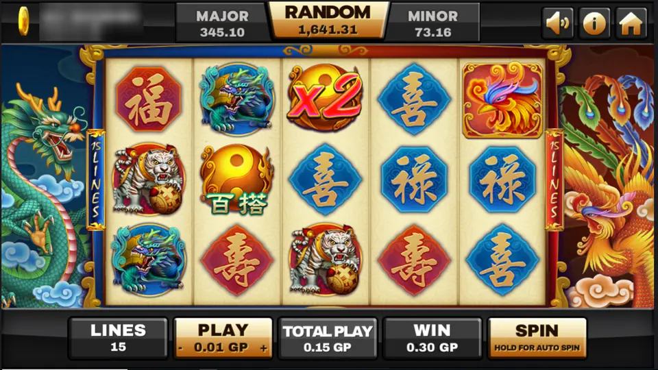 Archer on Joker123: fortune and happiness characters, a white tiger, a phoenix, a yin yang wild and an x2 symbol on 15 lines, player ID and balance blurred