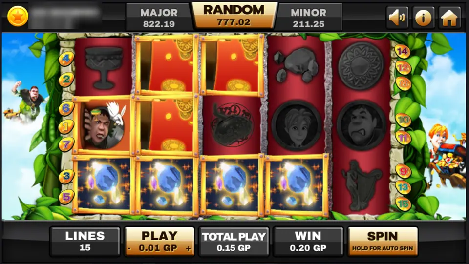 Beanstalk on Joker123 with four gem symbols in a win along the bottom row and the giant beside the reels, 15 lines at 0.01 GP, player ID and balance blurred