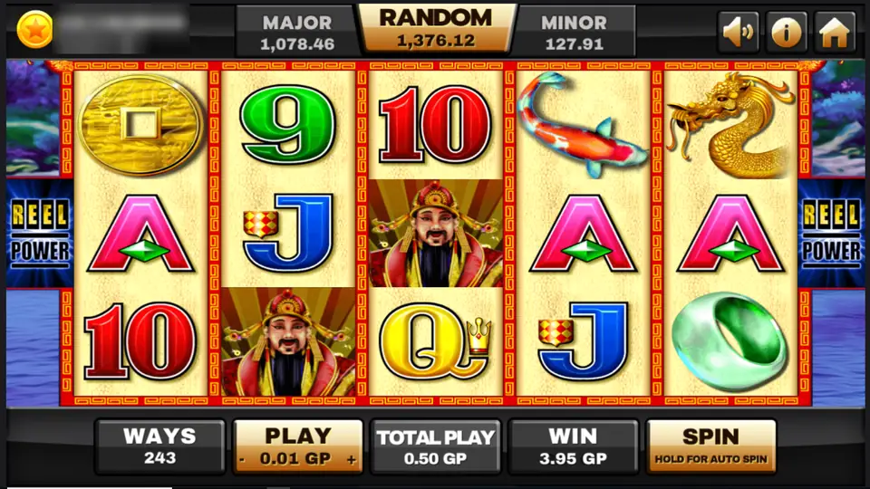 Choy Sun Doa on Joker123 with two god of wealth wilds, a koi, a gold dragon, a coin and a jade ring on 243 ways, player ID and balance blurred