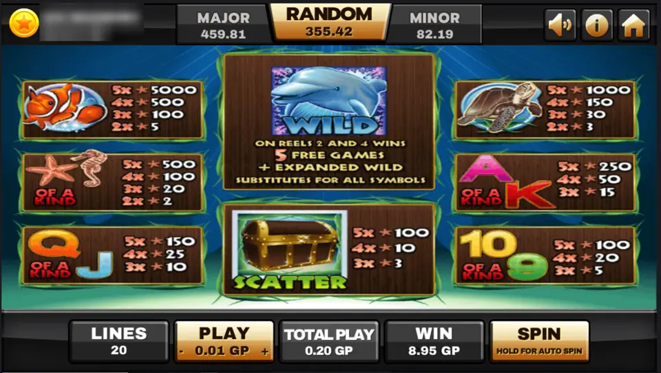 Dolphin Reef paytable on Joker123: clownfish, turtle, starfish and card payouts, the dolphin wild with 5 free games and expanded wilds, and the chest scatter, player ID and balance blurred