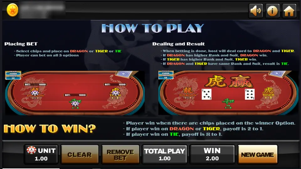 Dragon Tiger rules screen on Joker123: placing bets on Dragon, Tiger or Tie, dealing one card each, Dragon or Tiger pays 2 to 1 and a tie 8 to 1, player ID and balance blurred