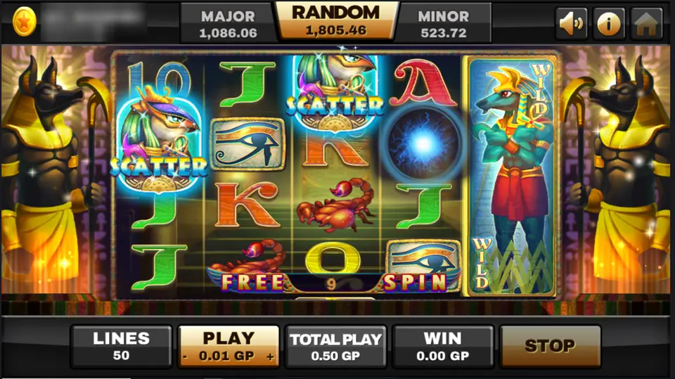 Egypt Queen on Joker123 during free spins, a full height wild on reel 5 and two falcon scatters, 50 lines at 0.01 GP, player ID and balance blurred