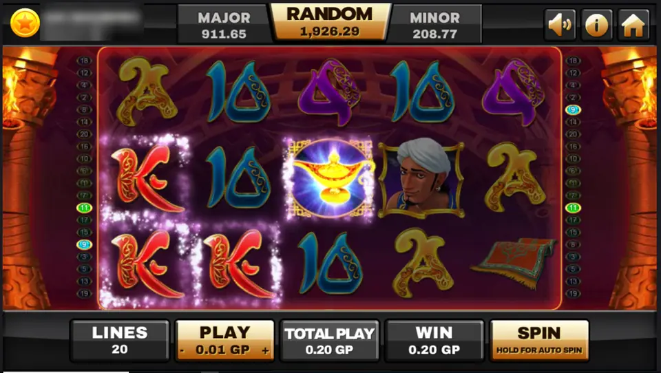 Genie on Joker123 with a golden lamp wild, three red K symbols in a win, a flying carpet and a man in a white turban, 20 lines at 0.01 GP, player ID and balance blurred